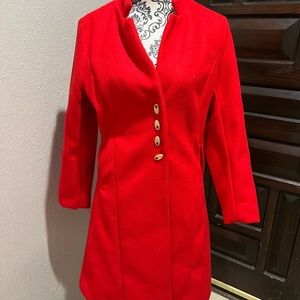 Women’s Christmas Red Blended Wool Dress Long Gold Button Up Coat Size 6